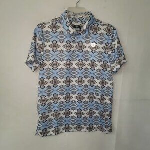ROCK & ROLL DENIM Polo Shirt Mens Medium Aztec Geometric Print Short Sleeve Blue